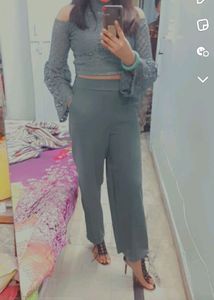 Elegant Cut Shoulder Green Embroidered Crop Top