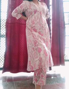 Pink Floral Cotton Kurta Pant Set