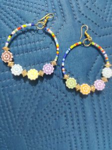 Boho Beaded Flower Hoop Earrings