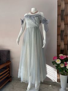 Greyish blue off shoulder with golden shimmer