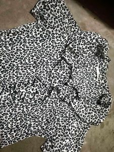 Pleated Ruffle Neck Animal Print Top