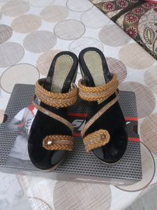 Black And Golden Wedges With Heels