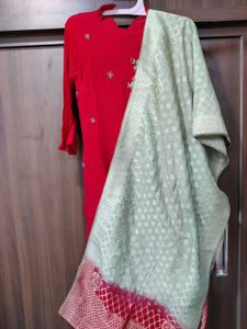Red Embroidered Kurtawith Dupatta