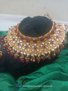 Beautiful Maroon And Gold Necklace Set