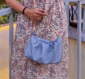 Blue Purse/Sling Bag With Golden Strip