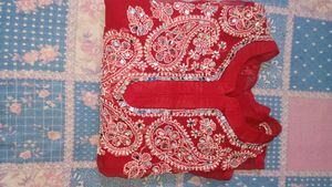 Red Mirror Work Chikankari Embroidered Kurti