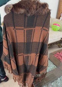 Brown Plaid Faux Fur Shawl