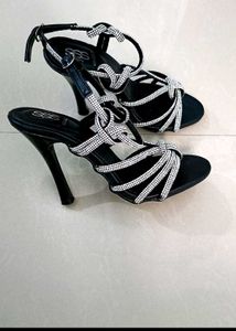 SSS Stylish Black Heels with Rhinestones