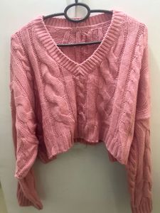 Cute Pink Cropped Cable Knit Sweater