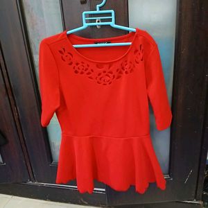 Red Peplum Top With Attractive Cutwork Detailing