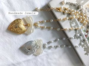 Anime Style Heart Locket Pearl Bow Necklace