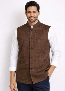 Stylish Brown Checkered Nehru Jacket