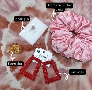 earnings, finger ring, scruniche,nose pin combo se