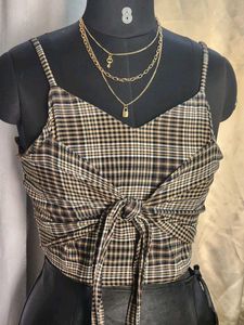 Vera Moda Checked Strappy Crop Top with Tie-Up