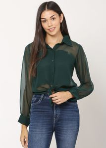 Green Sheer Tie-Front Blouse