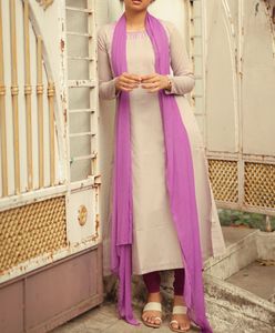 Grey aline top paired with purple dupatta