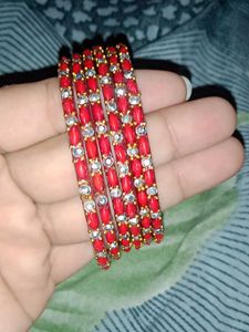 Red &amp; Silver Beaded Bangles - Set of 6