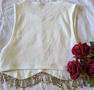 White Rhinestone Fringe Crop Top