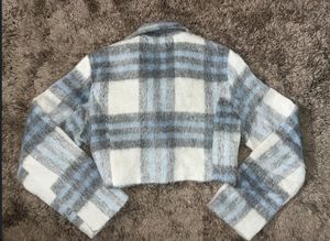 Blue Tweed Plaid Woolen Crop Sweater – Women’s