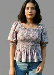 Purple Floral Smocked Peplum Top