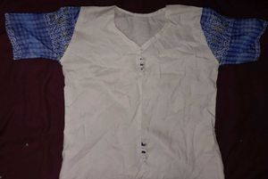 White Cotton Kurti with Blue Block Print Sleeve