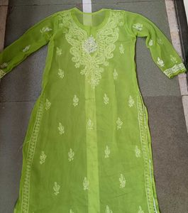 Green Chikenkari Kurti With Two Inners