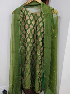 Green & Gold Silk Suit And Dupatta