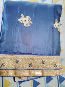 2 Color Saree. Navy Blue and Cream Saree
