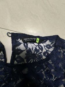 Navy Lace &amp; Satin Midi Dress