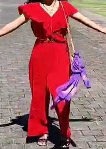 Red V-Neck Jumpsuit