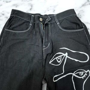 Black Wide-Leg Artistic Face Print Pants