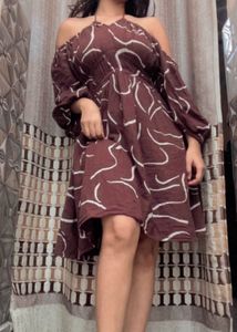 brown offshoulder with neck strip dress
