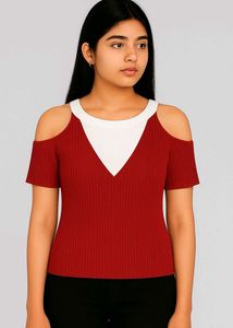 Red &amp; White V-Neck Top