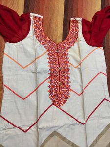 Women Red Thread Embroidered Cotton Suit Set