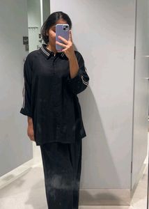 Black Button-Down Top with Striped Sleeves