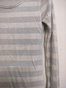 Gray And White Striped Long Sleeve Top