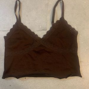 Brown Ribbed Lace Trim Cami