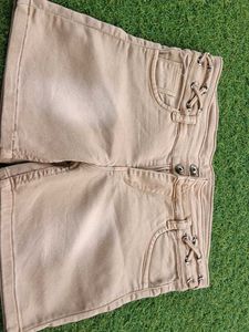 Tan Lace-Up Detail Shorts
