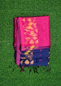 Handloom Jamdani Saree - Navy Blue &amp; Pink