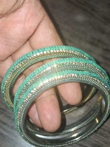 Teal &amp; Gold Beaded Bangles (Set of 3)