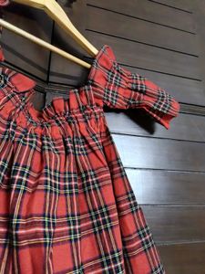 Girl Red Off Shoulder Elastic Plaid Top