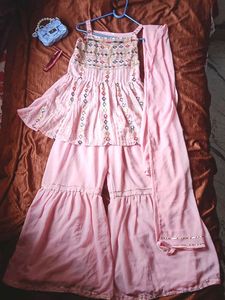 Pink Embroidered Peplum Palazzo Set
