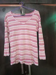 Pink Striped V-Neck Long Sleeve Top