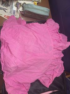 Pink Puff Sleeve Front Tie Top