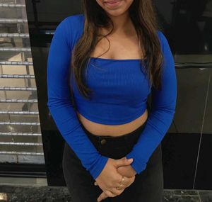 Blue Long Sleeve Crop Top