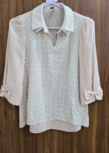 Elegant Cream Lace Panel Top with BowSleeve Detail
