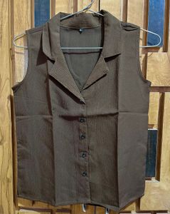 Brown Sleeveless Button-Down Top