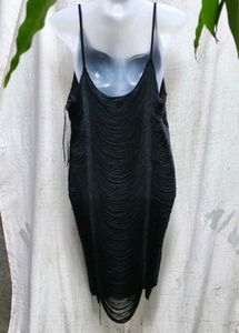 19296. Elegant Black Fringe Dress