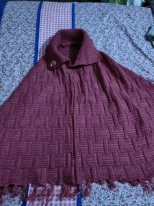Burgundy Knitted Cape with Collar