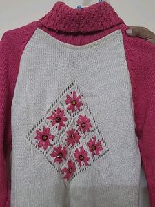 Pink And White Embellished Girls Highneck Sweater